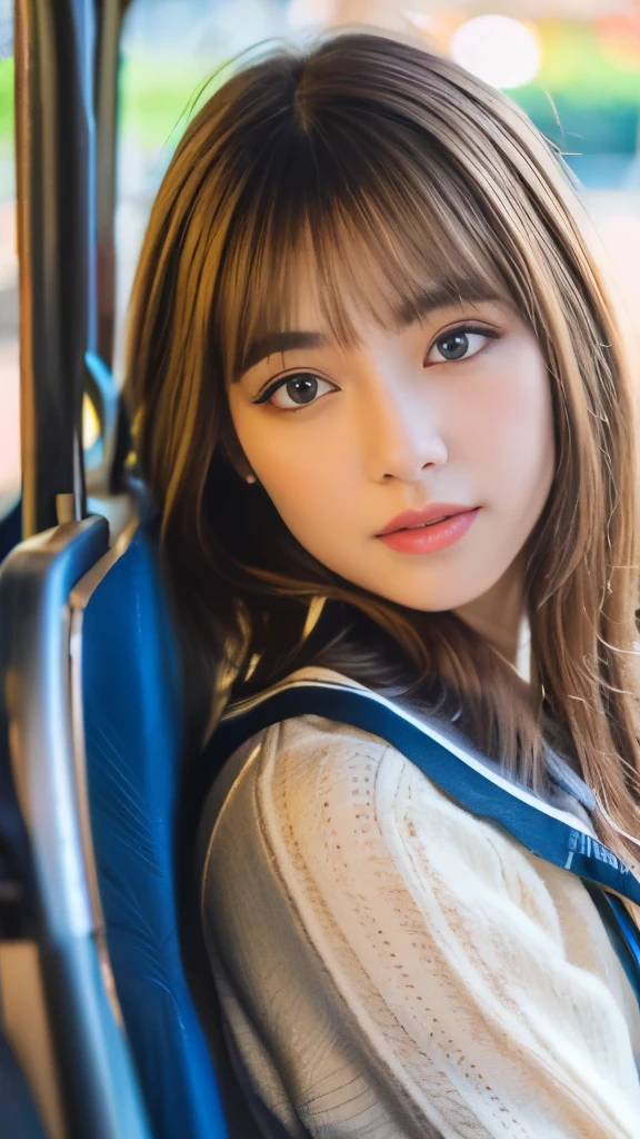 Best quality, 8k, ,Masterpiece :1.3)), facing viewer,((full body1.2)) ,pretty woman, wide shot ,1girl, , selfie , , Bus Stop,, brown hair , bangs,ultra-detailed face, highly detailed lips, detailed eyes, double eyelid