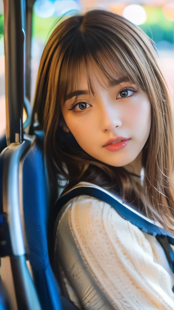 Best quality, 8k, ,Masterpiece :1.3)), facing viewer,((full body1.2)) ,pretty woman, wide shot ,1girl, , selfie , , Bus Stop,, brown hair , bangs,ultra-detailed face, highly detailed lips, detailed eyes, double eyelid