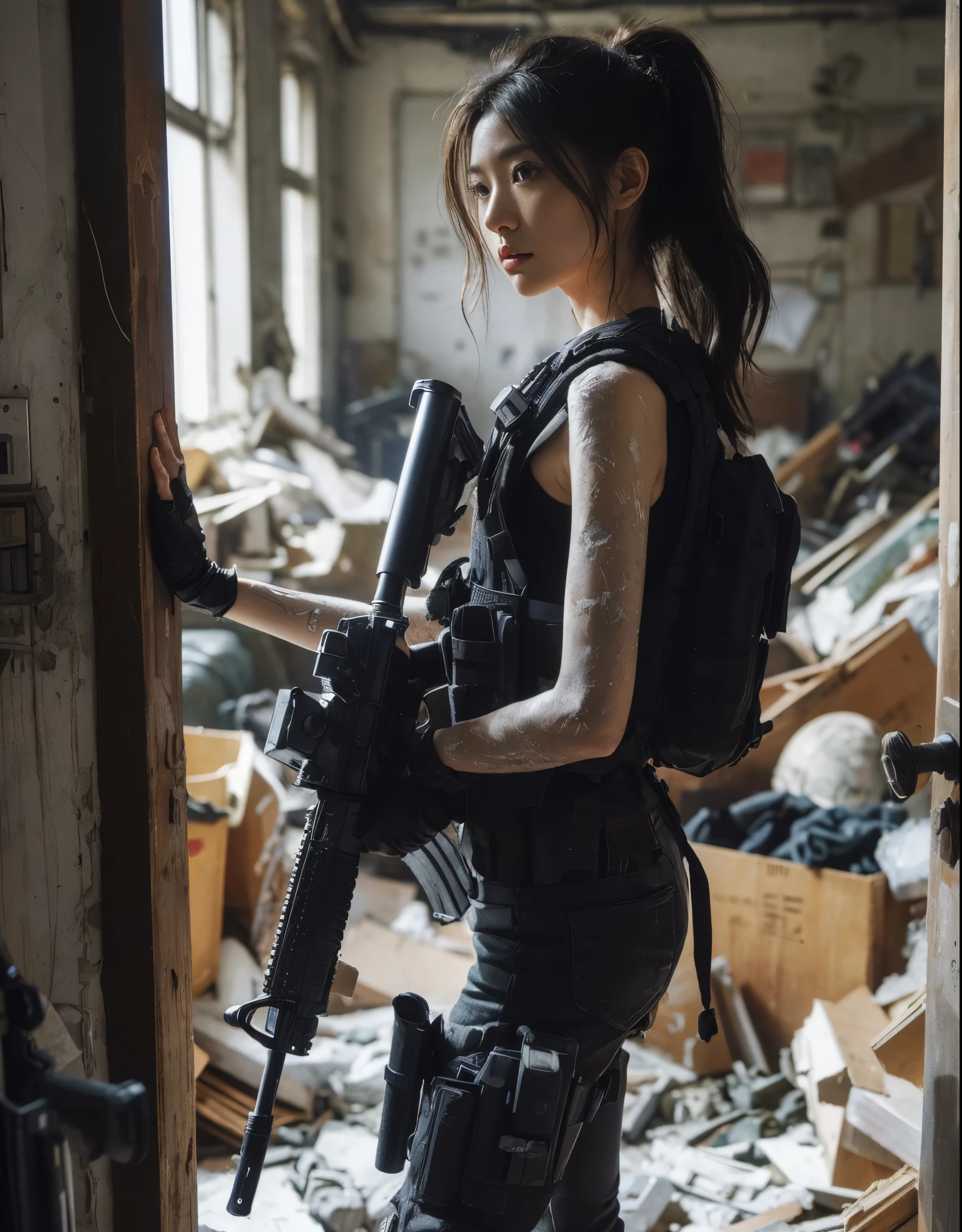 (highest quality,8k,Realistic photo:1.2),Very detailed,(Realistic,photoRealistic:1.37) Skin Texture,Beautiful Japanese woman in the US military,Carefully open the door through the rubble and enter the room.,Automatic rifle,Bulletproof vest,Backpack,Injured, intense expression, Dynamic pose, innovative configuration, Portraiture,Dramatic lighting,Colorful palette,Dust and smoke flying