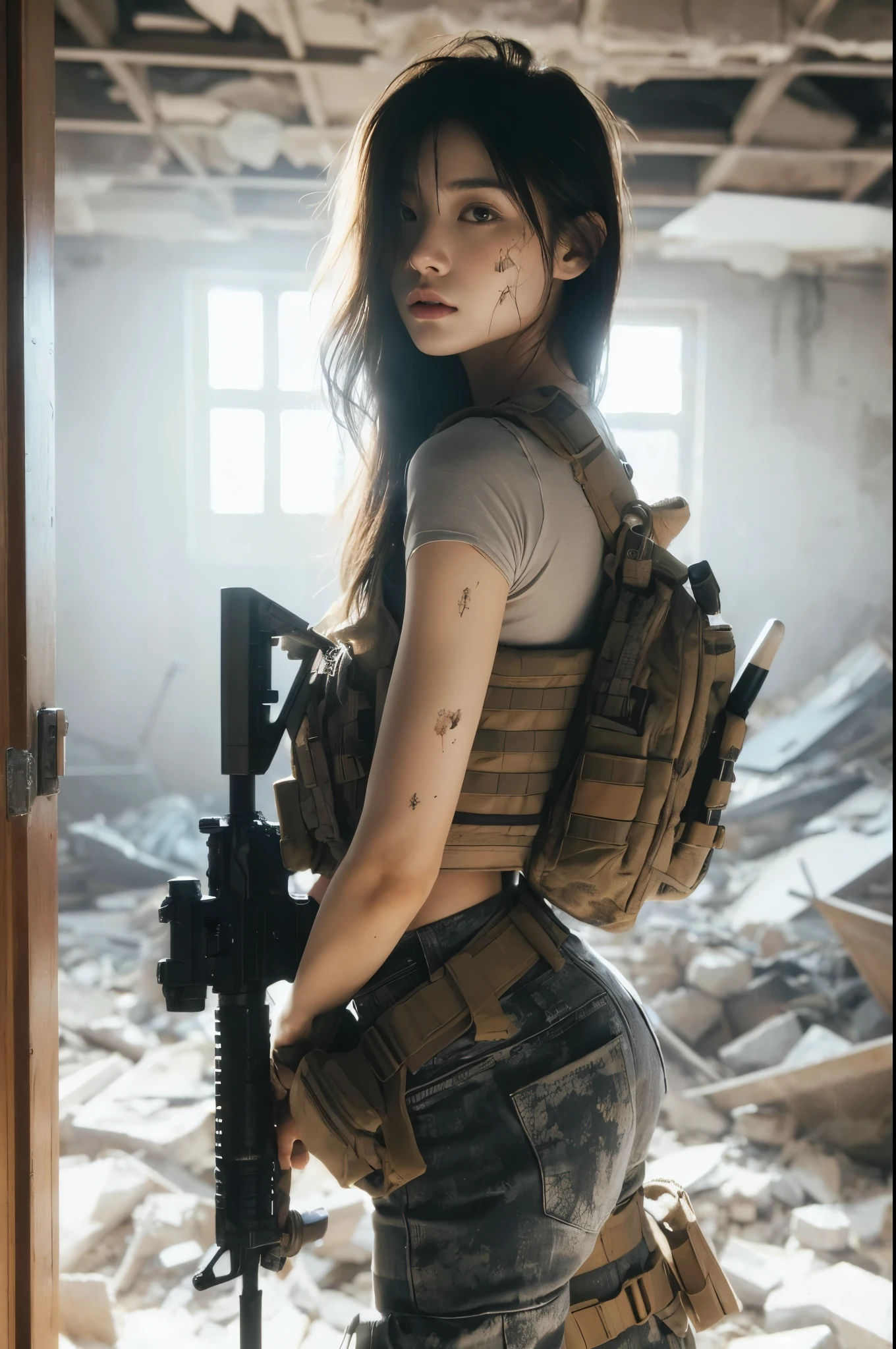 (highest quality,8k,Realistic photo:1.2),Very detailed,(Realistic,photoRealistic:1.37) Skin Texture,Beautiful Japanese woman in the US military,Carefully open the door through the rubble and enter the room.,Automatic rifle,Bulletproof vest,Backpack,Injured, intense expression, Dynamic pose, innovative configuration, Portraiture,Dramatic lighting,Colorful palette,Dust and smoke flying
