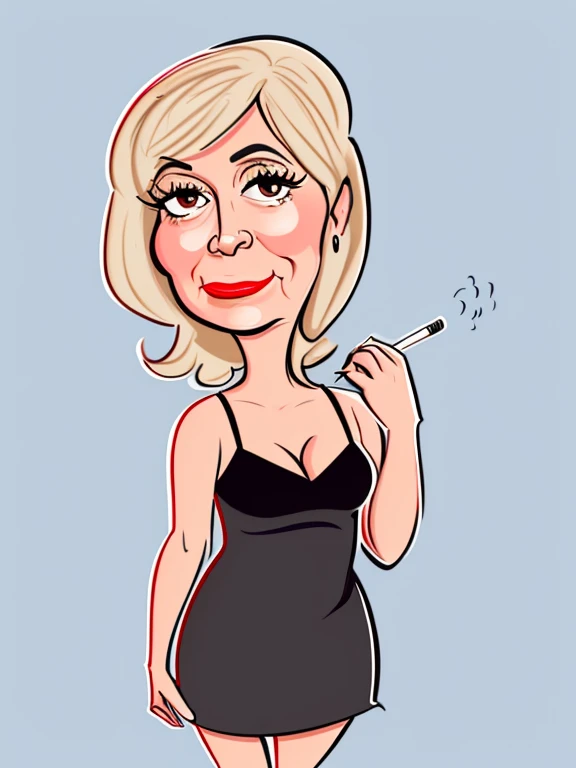 ((digital drawing)),((4k)),((JIM EIDOMODE)),((Best quality)), drawing of a woman with a black dress and a cigarette in her mouth, caricature style, in cartoon style, caricature, cel shaded:15, cartoon art style, caricature illustration, cartoon portrait, cartoon digital art, cel shaded!!!, digital art cartoon, caricature, cartoon style illustration, cartoon look cartoon, inspired by Tina Blondell, caricature
