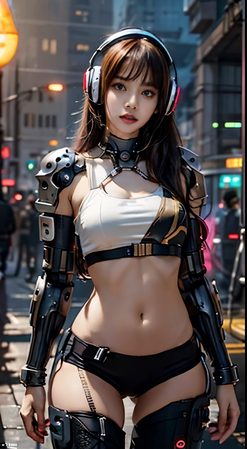 Virtual image,Realistic 8K images,hips up,Masterpiece,Complete Anatomy,Complete dynamic composition,morning sun,Light hits the front,young woman with long brown hair,Tattoos on the upper arms and stomach,cybernetic robot((Red and white cyberpunk robot)),headset,Headphones with glowing lights,glowing headphones,Bikini body - white_orange_gold_metal,,white tank top,The background of the giant gear is deserted at night..