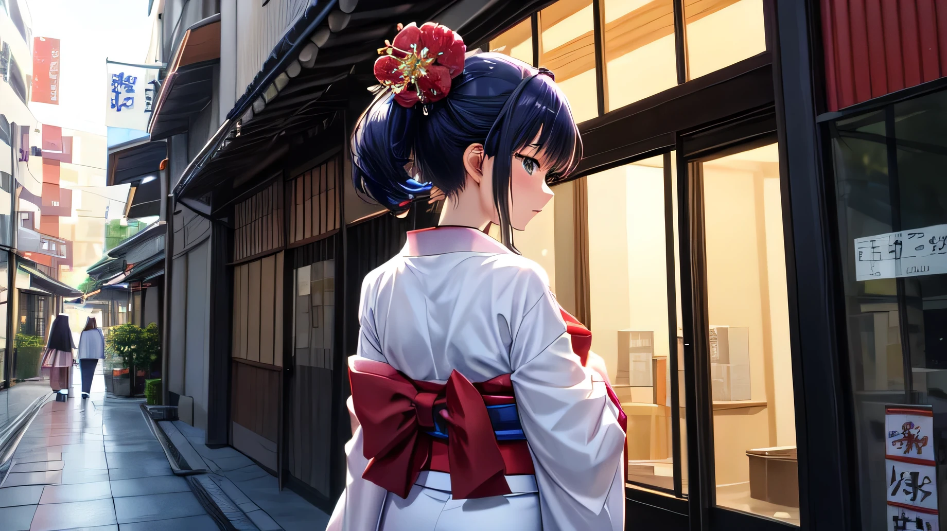 masterpiece, highest quality,  for anime,Back view,A beautiful woman wearing a Japanese kimono stands on the street,The hair on the head is white