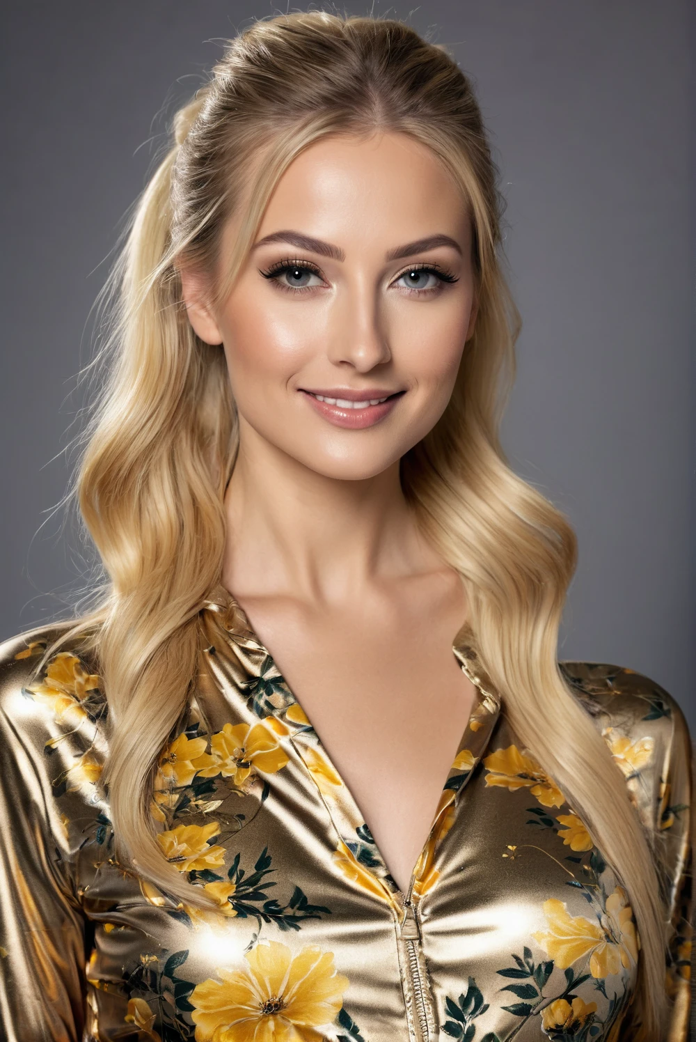 hyperrealistic beautiful 30-year-old women in shiny golden flowered jumpsuit, model shooting mugshot photography, very long blonde straight ponytail, dark eye makeup with eyeliner, seductive smile, flashing , 8K, best quality, Meisterwerk, ultra high resolution, (Realismus: 1.4), Originalfoto, (realistische Hautstruktur: 1.3), (Filmkorn: 1.3), (Selfie-Winkel), 1 girl, Beautiful eyes and facial details, Meisterwerk, best quality