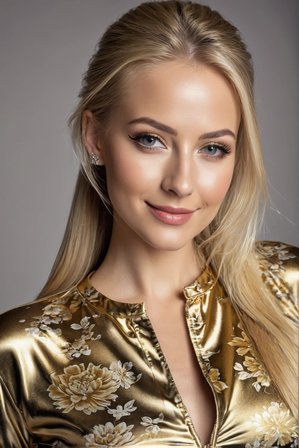 hyperrealistic beautiful 30-year-old women in shiny golden flowered jumpsuit, model shooting mugshot photography, very long blonde straight ponytail, dark eye makeup with eyeliner, seductive smile, flashing , 8K, best quality, Meisterwerk, ultra high resolution, (Realismus: 1.4), Originalfoto, (realistische Hautstruktur: 1.3), (Filmkorn: 1.3), (Selfie-Winkel), 1 girl, Beautiful eyes and facial details, Meisterwerk, best quality