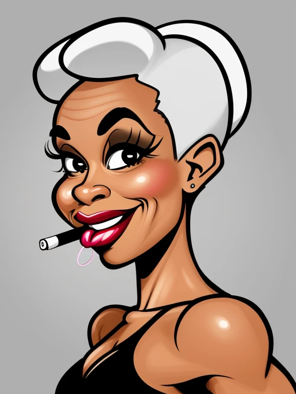 ((digital drawing)),((4k)),((JIM EIDOMODE)),((Best quality)), ((Fitness Model)), drawing of a woman with a black dress and a cigarette in her mouth, caricature style , cartoon style, caricature, cel shaded:15, cartoon art style, caricature illustration, cartoon portrait, cartoon digital art, cel shaded!!!, digital art cartoon, caricature, Illustra?? cartoon style, cartoon look, inspired by Tina Blondell, caricature