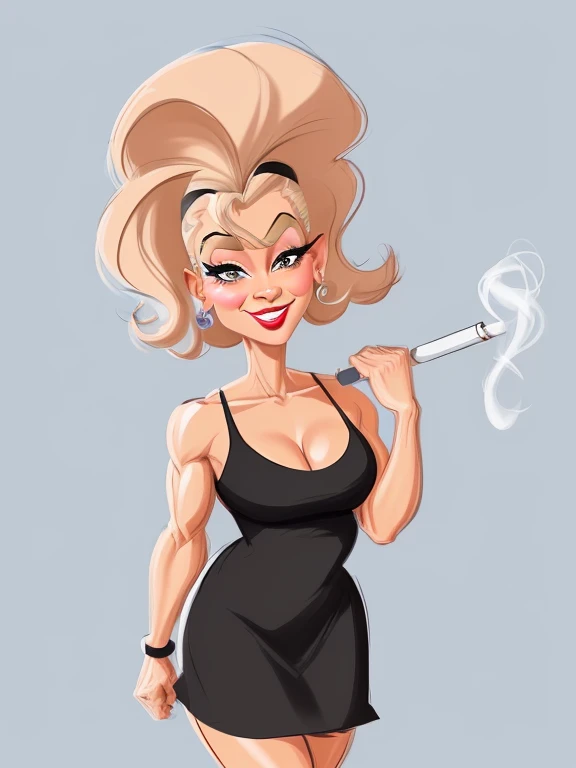 ((digital drawing)),((4k)),((JIM EIDOMODE)),((Best quality)), ((Fitness Model)), drawing of a woman with a black dress and a cigarette in her mouth, caricature style , cartoon style, caricature, cel shaded:15, cartoon art style, caricature illustration, cartoon portrait, cartoon digital art, cel shaded!!!, digital art cartoon, caricature, Illustra?? cartoon style, cartoon look, inspired by Tina Blondell, caricature