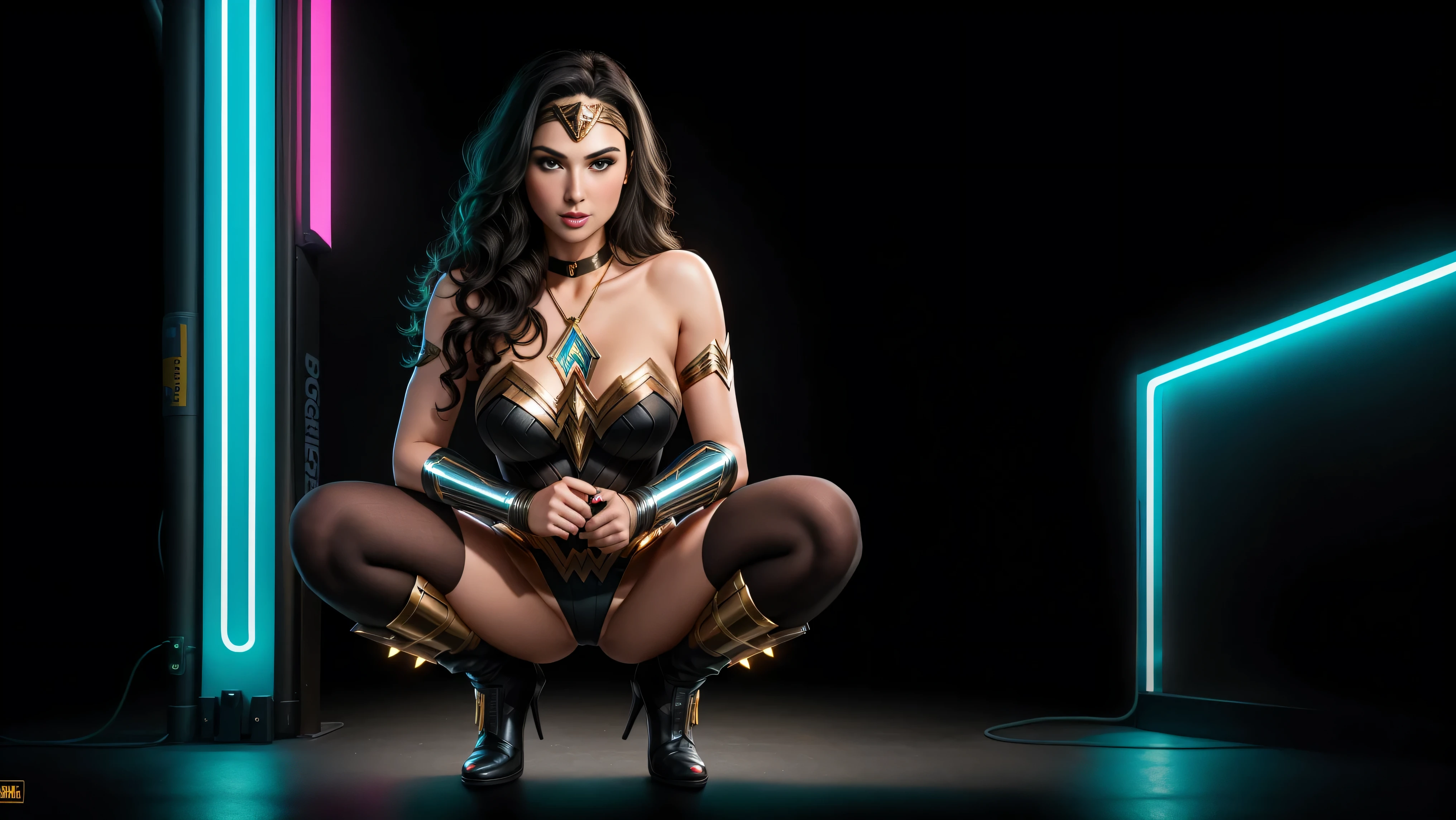 there  IS GAL GADOT AS WONDER WOMAN squatting, long hair, 3 d neon art of a womans body, neon-noir background, cyberpunk femme fatale, seductive cyberpunk dark fantasy, cyberpunk strip clubs, cyberpunk 20 y. o model girl, oppai cyberpunk, banner, high definition cgsociety, cgsociety masterpiece, trending on cgstation, kda, random hair, looking at camera, gigantic breasts, cleavage, (high detailed skin:1.2), 8k uhd, dslr, super lighting, high quality, film grain, high res, highly detailed, hyper realistic, beautiful face, beautiful body, beautiful eyes nose lips, alluring expression, very bold, upper  visible, full body photo, standing legs apart, pale translucent glowing skin, most beautiful face, cute, (well defined pubic hair:1.2)), (dark plain black background:1.4))
