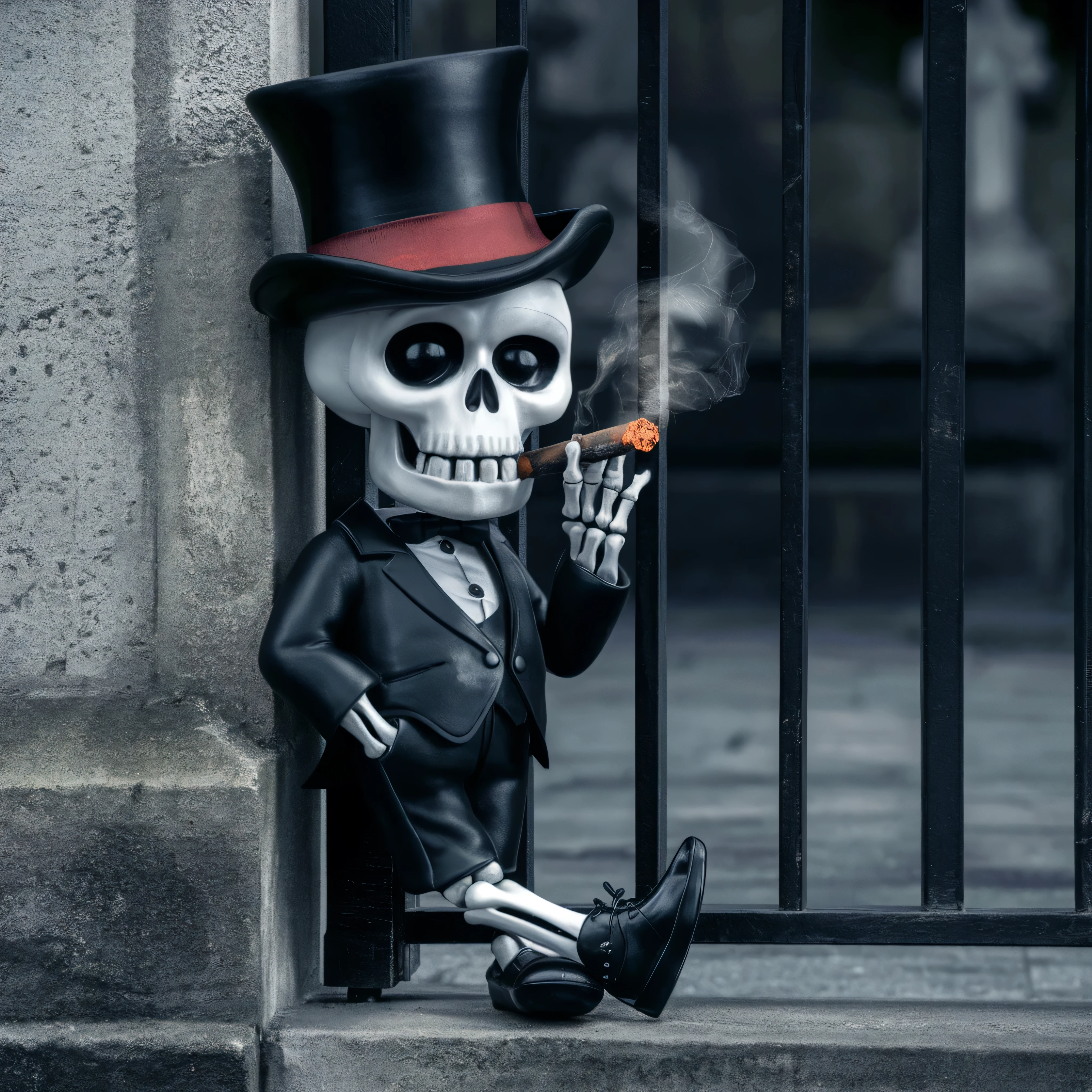 ((best qualityer)), ((work of art)), (detailded), 1 realistic skeleton with a red French beret and a cigarette in its mouth