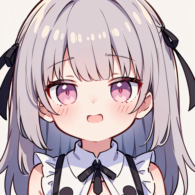 Facing the children_v1:0.24, highest quality, Realistic, 8k, High resolution, 1 girl, woman, (Skin dents), (Portraiture), ((Simple Background:1.62)), Full Color, ((round chest,White ruffled blouse,Sleeveless)), look straight at the viewer:1.8, (1 girl eyes looking at viewer:1.55), (long length hair, Silver Hair, Both sides up,Straight bangs:1.45,Pink Eyes), (Bokeh),Looking at the audience,Laughing with your mouth open