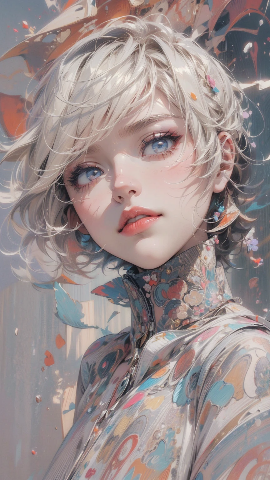 (masterpiece, High resolution, highest quality), Composition from head to thighs:1.3, Upper body focus, A naked 20 year old woman, Short Hair, Disorganized, Collage with petals, abstract design, Impressionism, artistic juxtapositions, White background, mixed-media approach, Anime Style, simple lines, Digital Painting,