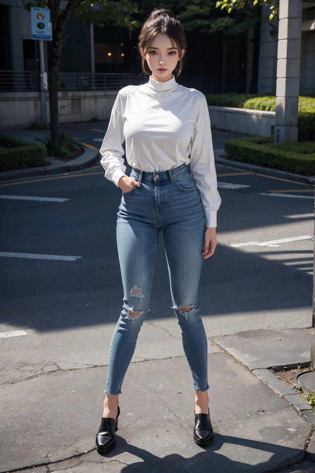 (((full image:1.5, full body, standing:1.8, facing viewer, the front body facing directly to the front of camera, show body from head to toe))), huge breast:1.5, tall body,slim body:1.1, fit body, pale skin, short hair with updo, ((standing)), a woman wearing long sleeves shirt, wearing jeans, wearing shoes. High quality:1.3, Professional lighting:2.0, realistic:1.2, 4k resolution, detailed skin, finely detail, masterpiece:1.1, centered image.