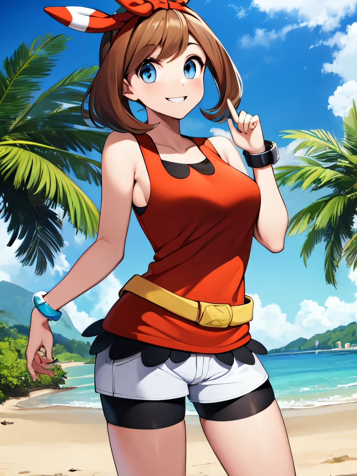 pkmnmay, blue eyes, brown hair, bangs, hair ribbon, red hairband, ((red tank top)), white shorts, black bike shorts, bike shorts under shorts, bracelet, shoes, looking at viewer, smiling, cowboy shot, standing, outside, beach, palm trees, sunny, high quality, masterpiece, large breasts
