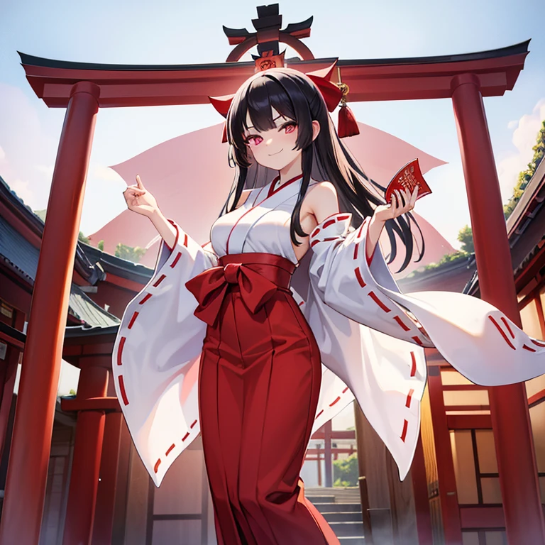 Perfect quality, perfect anatomy, (shrine maiden with ofuda in hand), black hair, straight hair, medium length hair, pink eyes, smirk, medium breasts, wide hips, red hakama 1;4, miko clothes