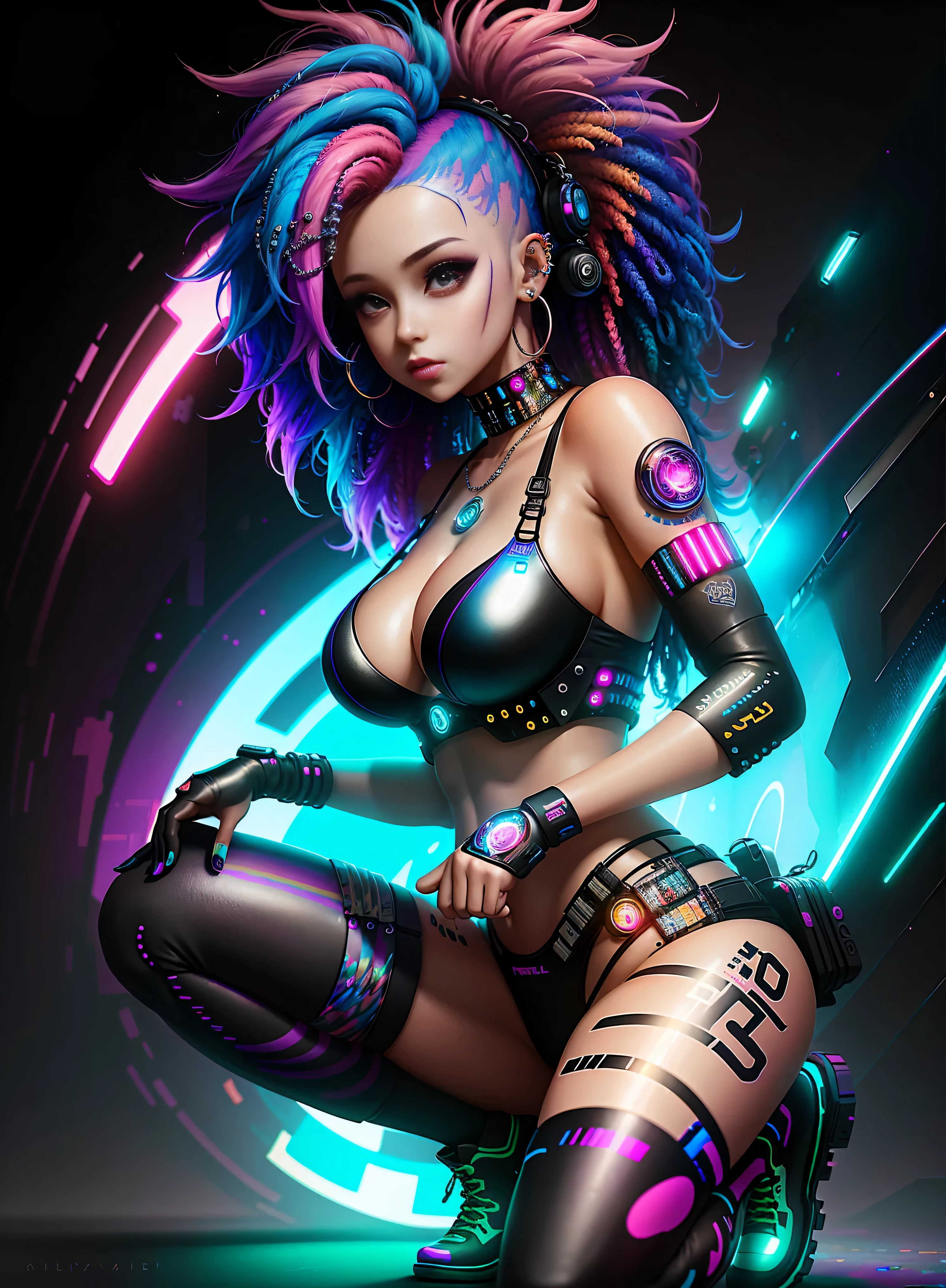 ((best quality)), ((masterpiece)), ((realistic)), (detailed), (1 girl squatting) full body woman with colorful hair and piercings, dreamy cyberpunk girl, 4K high-detail digital art, stunning digital illustration, stunning 8K artwork, colorful digital fantasy art, colorful and dark, beautiful digital artwork, colorful digital painting, cyberpunk digital anime art, girl with luminous wave, 8K HD digital wallpaper art, gorgeous digital painting