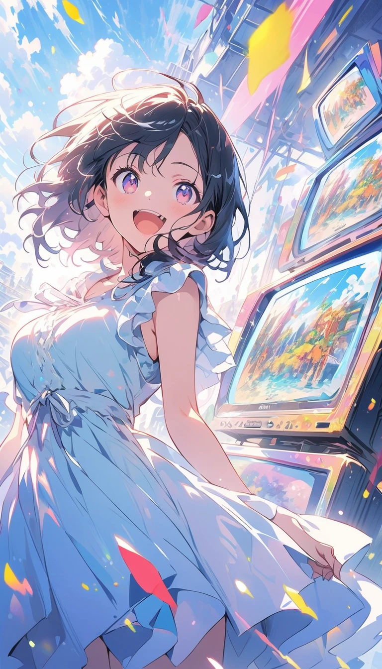 anime style, super fine illustration, highly detailed, dynamic angle, beautiful detailed, 8k, In front of numerous cathode-ray tube televisions, BREAK various programs are being broadcasted. A woman gazes at them, BREAK smiling amidst the colorful scenes.(highest quality、masterpiece、High resolution、detailed)animeスタイル、flat style、(Shining Eyes、detailed美しい顔), BREAK,anime