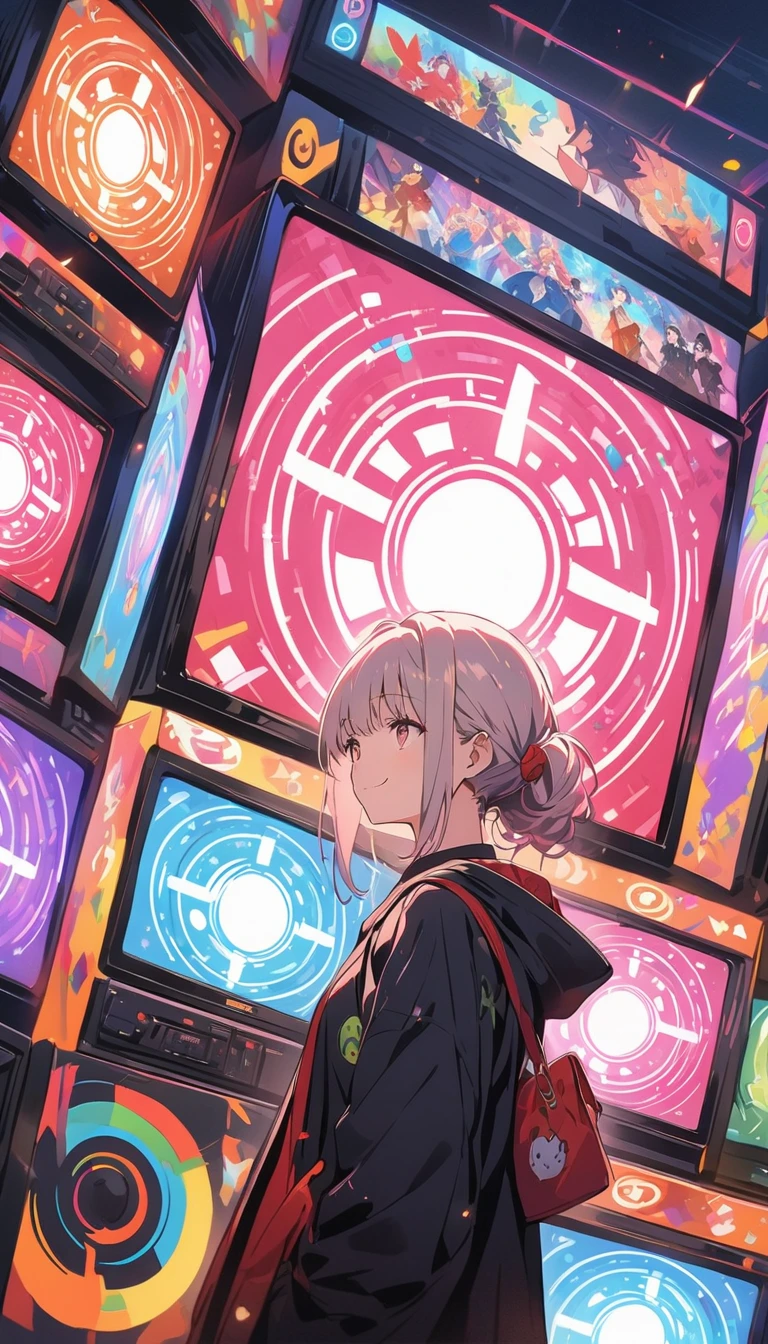 anime style, super fine illustration, highly detailed, dynamic angle, beautiful detailed, 8k, In front of numerous cathode-ray tube televisions, BREAK various programs are being broadcasted. A woman gazes at them, BREAK smiling amidst the colorful scenes.(highest quality、masterpiece、High resolution、detailed)animeスタイル、flat style、(Shining Eyes、detailed美しい顔), BREAK,anime