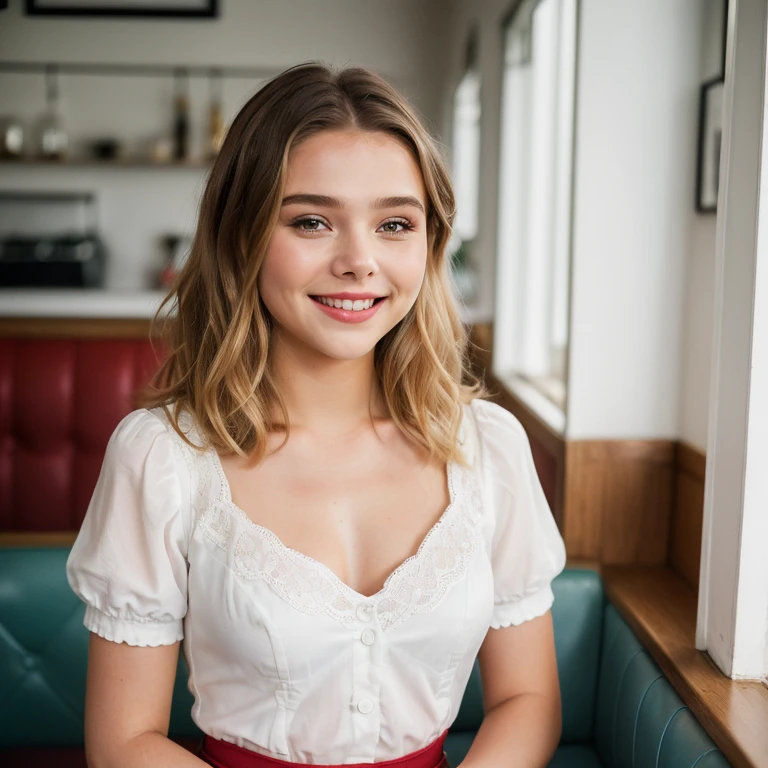 (best quality,4k,8k,High Resolution,Meisterwerk:1.2),ultra-detailed,(realistisch, photorealistisch,photo-realistisch:1.37), ((best quality)), ((Meisterwerk)), (detailed), ((Not suitable for work)), ((Chloe Grace Moretz)), ((eine Kellnerin aus den 1950er Jahren in einer sexy kurzen engen Uniform)),, ((hole body)), ((Haare und Make-up im Stil der 50er Jahre)), ((Diner aus den 50er Jahren)), ((lange Wimpern)), ((wide cheesecake smile with sweet dimples)), ((rote Wangen)), ((ultrakurze Shorts zeigen lange wohlgeformte Beine), ((Well Drawn Hands)), perfect teeth, ((gut gezeichnete Anatomie)), ((filmische Beleuchtung)), von unten nach oben schauend,