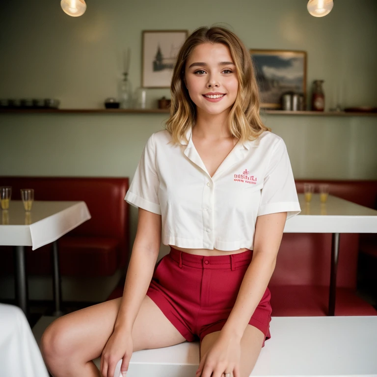 (best quality,4k,8k,High Resolution,Meisterwerk:1.2),ultra-detailed,(realistisch, photorealistisch,photo-realistisch:1.37), ((best quality)), ((Meisterwerk)), (detailed), ((Not suitable for work)), ((Chloe Grace Moretz)), ((eine Kellnerin aus den 1950er Jahren in einer sexy kurzen engen Uniform)),, ((hole body)), ((Haare und Make-up im Stil der 50er Jahre)), ((Diner aus den 50er Jahren)), ((lange Wimpern)), ((wide cheesecake smile with sweet dimples)), ((rote Wangen)), ((ultrakurze Shorts zeigen lange wohlgeformte Beine), ((Well Drawn Hands)), perfect teeth, ((gut gezeichnete Anatomie)), ((filmische Beleuchtung)), von unten nach oben schauend,