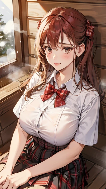 (in the dark:1.6) school girl Soak in water , red knot , red bow , white Shirt , big tits , Big breasts , skirt dark red , plaid skirt , pleated skirt