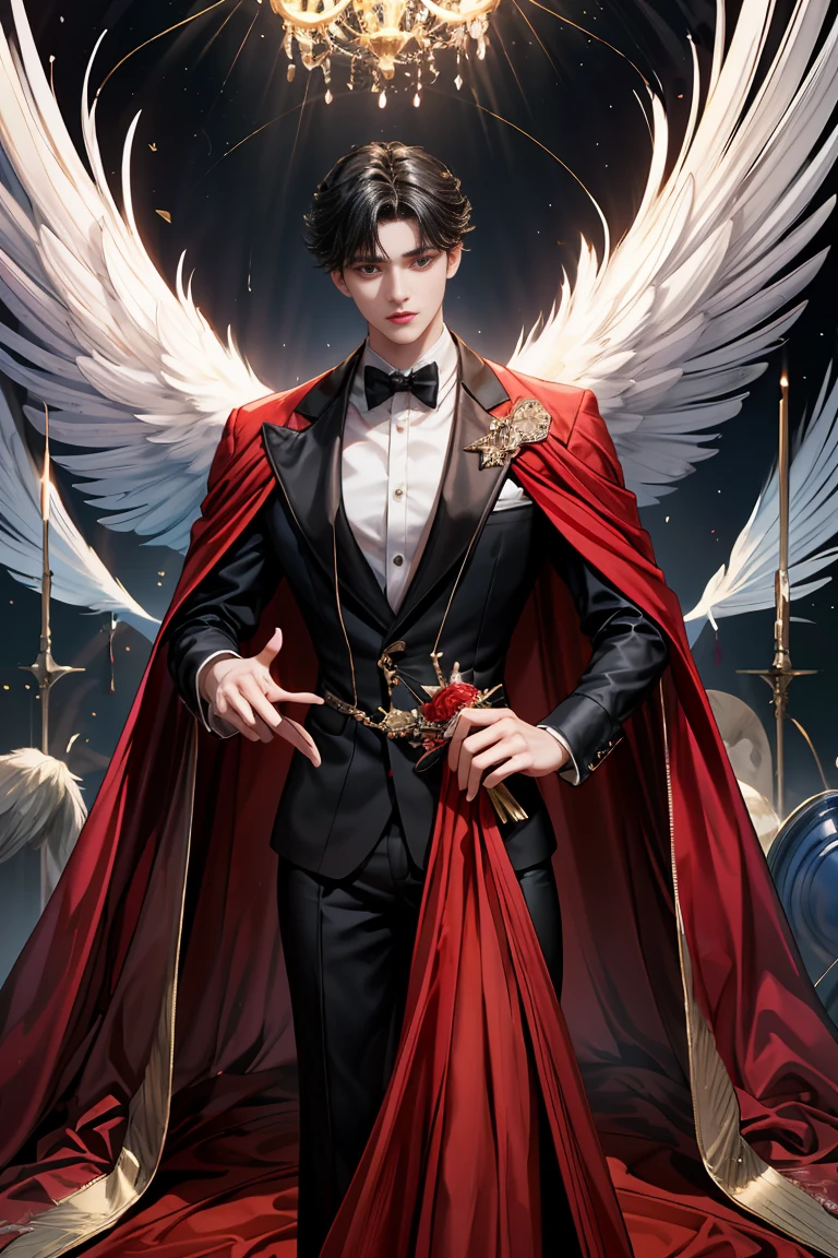 masterpiece, 最high quality, high quality, 1 boy, alone, Male focus, Watching the audience, Messy black hair, blue adorable big eyes, White, Noble, Noble, Beautiful angel、Big Feather、He was wearing a tuxedo with a really big stand-up collar and a really big, really long red and black cape made of a lot of fabric that reached down to the floor longer than his height., 17 years old,cute beautiful boy,cute cute handsome boy