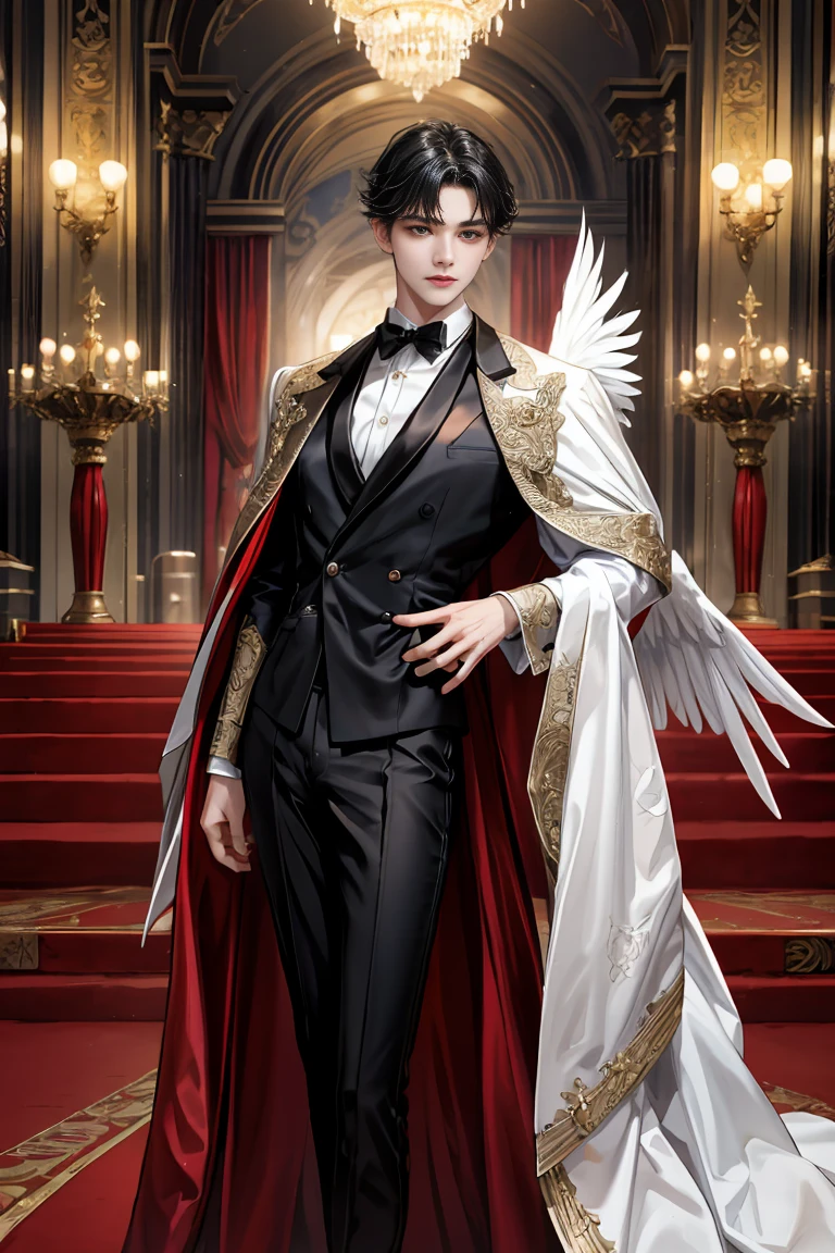 
masterpiece, 最high quality, high quality, 1 boy, alone, Male focus, Watching the audience,  Messy black hair, blue adorable big eyes, White, Noble, Noble, Beautiful angel、Big Feather、He was wearing a tuxedo with a really big stand-up collar and a really big, really long red and black cape made of a lot of fabric that reached down to the floor longer than his height., ,cute beautiful boy,cute cute handsome boy