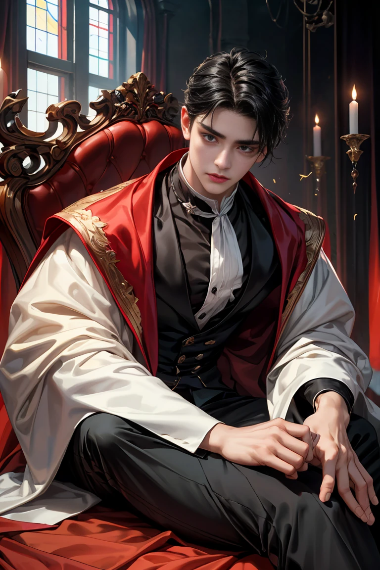 masterpiece, 最high quality, high quality, 1 boy, alone, Male focus, Watching the audience, whole body, Winning spirit_destiny, Messy black hair, blue adorable big eyes, White, Noble, Noble, black Jack、A very big, very big, very big, very long, long red and black cape made with a lot of fabric that reaches all the way down to the floor, 17 years old,cute beautiful boy,cute cute handsome boy