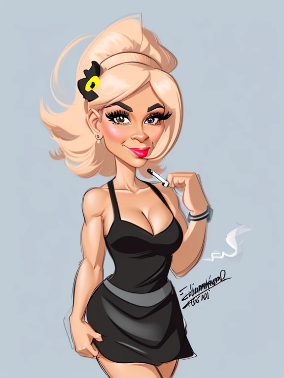 ((digital drawing)),((4k)),((JIM EIDOMODE)),((Best quality)), ((Fitness Model)), drawing of a woman with a black dress and a cigarette in her mouth, caricature style , cartoon style, caricature, cel shaded:15, cartoon art style, caricature illustration, cartoon portrait, cartoon digital art, cel shaded!!!, digital art cartoon, caricature, Illustra?? cartoon style, cartoon look, inspired by Tina Blondell, caricature