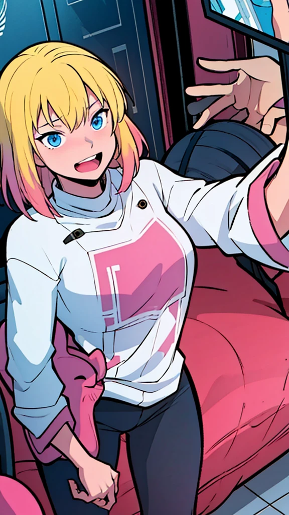 solo, 1girl, (masterpiece), ((16 year old appearance)), Blonde hair, Medium hair, blue eyes, anime girl, Pink sweater with red octopus emblem, black pants, small breasts, cyberpunk city, nigth