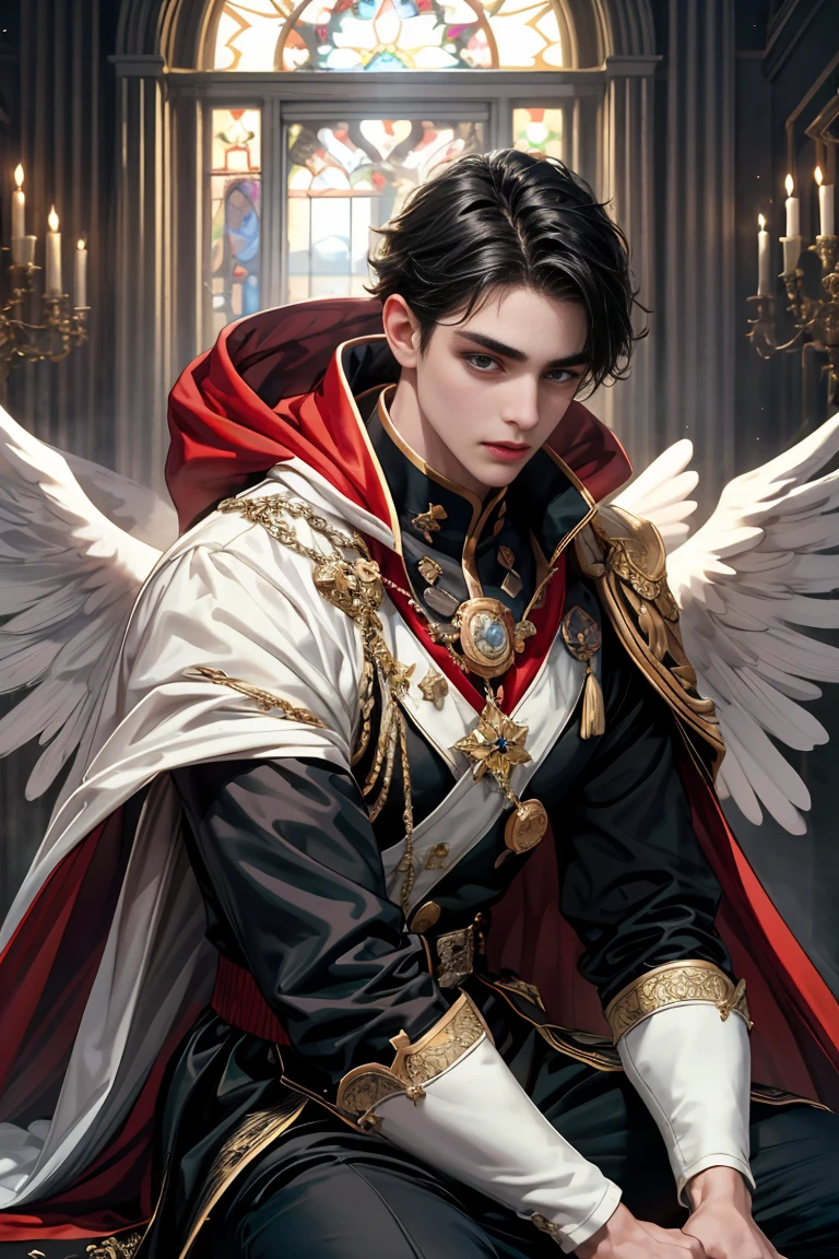 masterpiece, 最high quality, high quality, 1 boy, alone, Male focus, Watching the audience, Messy black hair, blue adorable big eyes, White, Noble, Noble, Beautiful angel、A very big, very big, very big, very long, long red and black cape made with a lot of fabric that reaches all the way down to the floor, 17 years old,cute beautiful boy,cute cute handsome boy