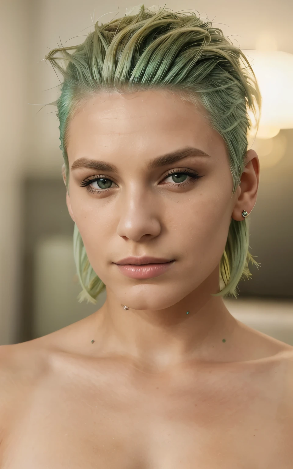 monpier2023, upper lip piercing, 1girl, 8k, uhd, best quality, trending on arstation, photorealistic, masterpiece, raw image, skin pores, detailed skin, blonde hair, award winning photo, beautiful girl, green hair, shaved side
