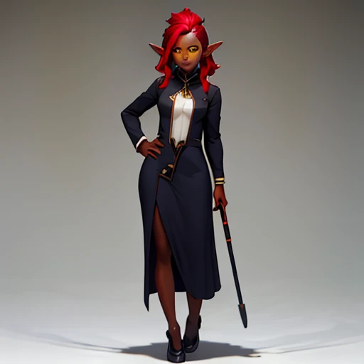 ((shortstack female)) ,cute face , long Red hair , Pointy ears , yellow eyes, ((Dark Skin)) , Full body