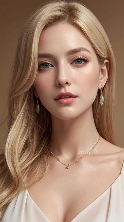 1 29 year old blonde beautiful woman with long hair posing for a picture, Beautiful long blonde woman, Long blonde very beautiful woman, She is blushing and making a kissy face, Her face is turned upwards, Well-cared for beautiful long blonde, 8K Realistic Portrait, Photograph from the front of her, Camera angle of view from above, Smooth long blonde beautiful woman, Slim figure top model, She has a very white and fine and smooth skin, breast enhancement, Long blonde Swedish woman, The blonde eyebrows are raised and furrowed, She has bittersweet feeling, Glossy long blonde hair, She's moist eyes and Super thinly opened eyes, She is looking up at the viewer from below, Her thick plump and shiny lips half-open, Close-up photo of face, A person in the center left and right, The whole head is shown, Pastel colored blouse, A very simple necklace and very simple earrings, Perfect Makeup, Professional lighting like movies in a dark room