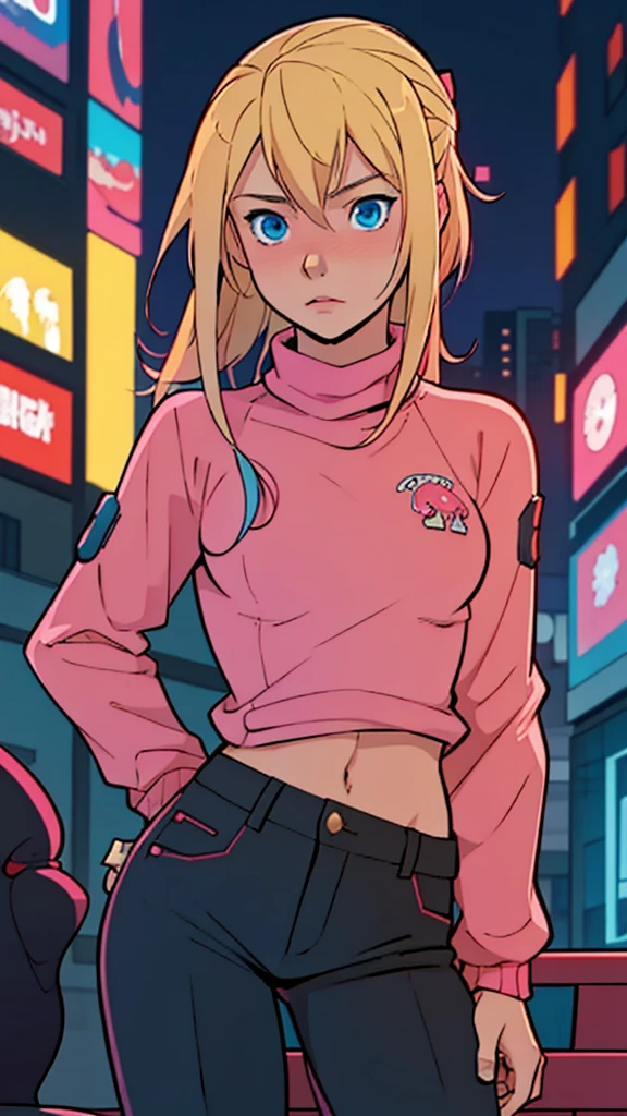 solo, 1girl, (masterpiece), ((16 year old appearance)), Blonde hair, Medium hair, blue eyes, anime girl,  Pink sweater with red octopus emblem, black pants, small breasts, cyberpunk city, nigth