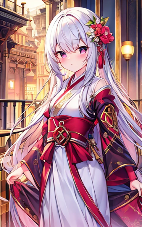 Very detailed,Very detailed,highest quality,figure,(Best Character Details:1.36),Beautiful ancient palace background very close to the viewer,Exquisite architecture,(Delicate background),(Soft glow:0.8),{bloom},sunlight,red lantern,firework, Pink Flower,
1girl,alone,whole body,Year:7,,(change:1.8),(girl:0.4),Are standing,Put your arms behind your back,{{Grin}}, Dynamic Angle,View your viewers,{{cute}},cute face,Tight waist,(chest:0.9)
beautiful white hair,Long Hair,floating hair,{{{pink eye}}},bright_eye,Slope_eye,{{zoom in eye}},eyeを大きくする
(Gorgeous Hanfu|white:1.65|red:0.15|golden lace),white stockings,hair ornaments,white hair_ribbon,