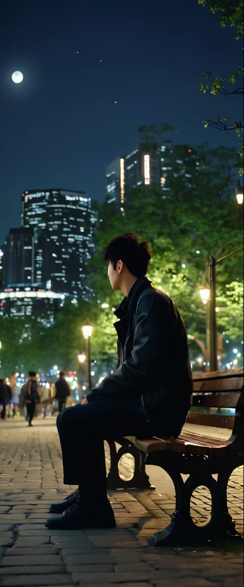 ((Super realistic:1.5)、Highest image quality:1.5、night view:1.2、Handsome man sitting on a park bench:1.1、(City lights and moonlight:1.3)、8K resolution:1.1、Maximum results:1.2、Fujifilm XT3:1.1、Award-winning photo:1.4、(Night4k:1.1)、Shot on Kodak film:1.2、 Masterpiece: 1.4, (photorealistic: 1.4), detailed skin texture: