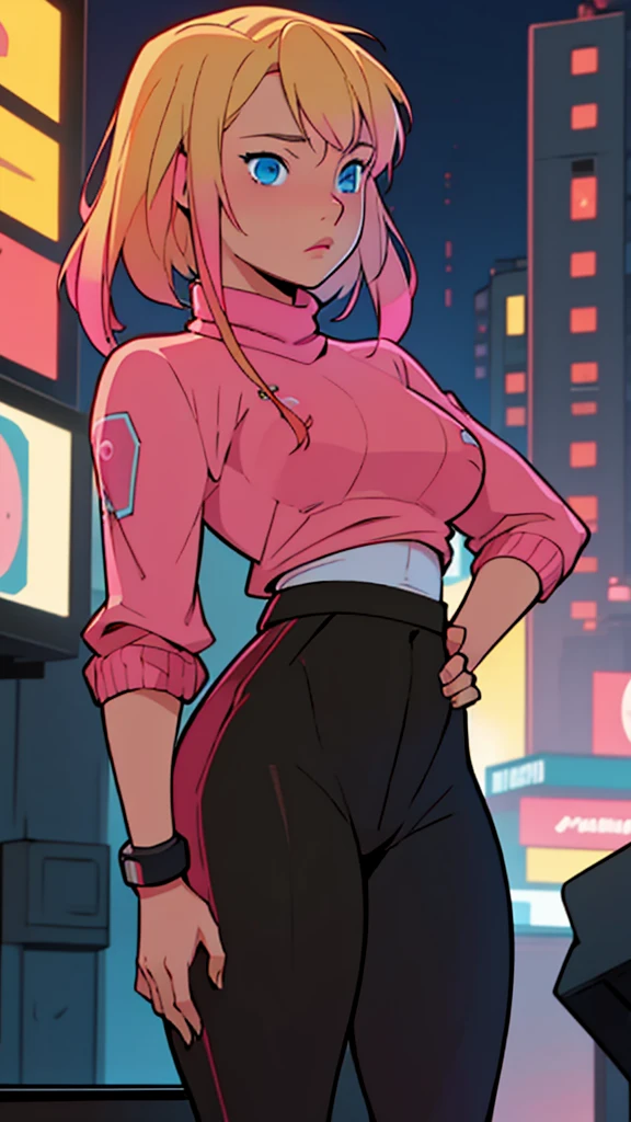 solo, 1girl, (masterpiece), ((16 year old appearance)), Blonde hair, Medium hair, blue eyes, anime girl,  Pink sweater with red octopus emblem, black pants, small breasts, cyberpunk city, nigth