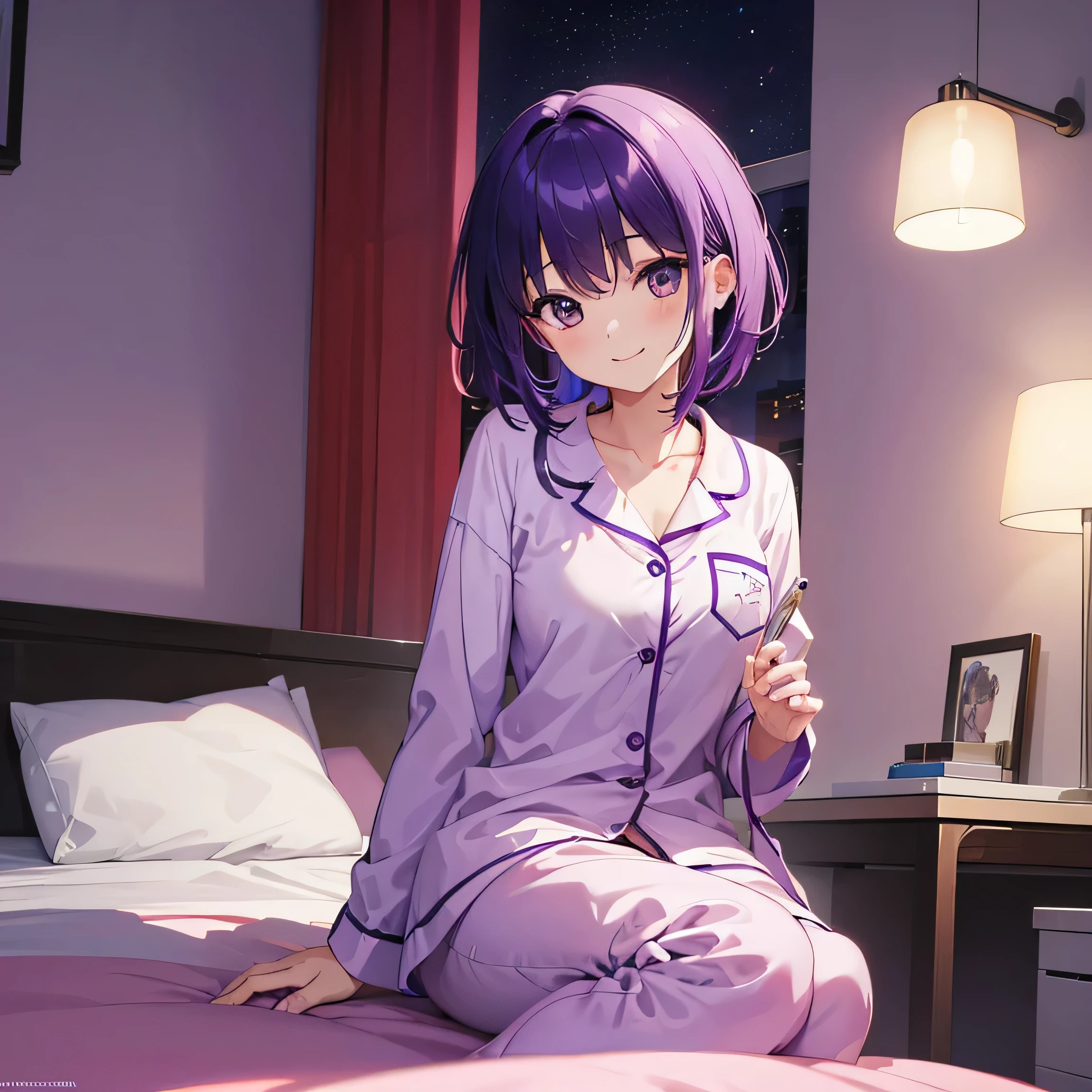 (T Masterpiece,4k wallpaper,Best Quality))、((girl1people))、(solo)、Bright and Brilliant,(Purple Hair)、(Shortcuts:1.3)、smile、Bedroom、pajamas、night