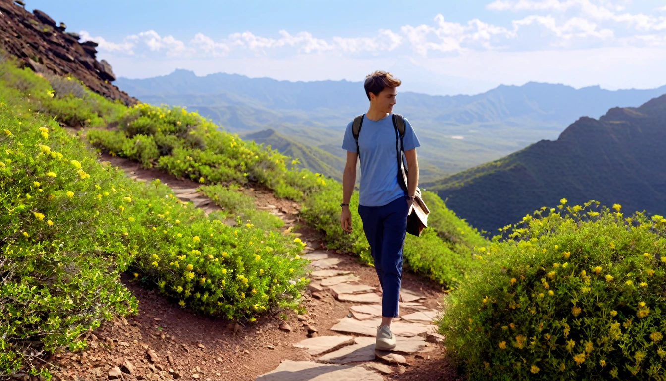 In spring，A young man, short hair, lonely , intelligence, exploration style，Walks  on high natural mountain path, blue mountain peaks are distance，Wearing ivory T-shirt, dark long pant, smart and handsome, holding note book , seeing surrounding from hill, wearing desert shoes, tropical region，some flowering bushes near him, 8k resolution ,realistic photo, Faraway view, evening scenary, detail on face and body features