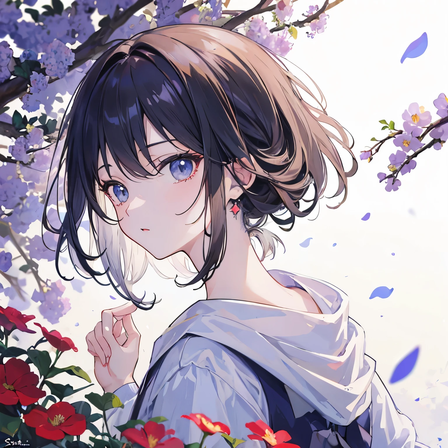 ((highest quality)), ((masterpiece)), (detailed), Perfect Face、anime、Back view、is seperated、Surrounded by flower fields