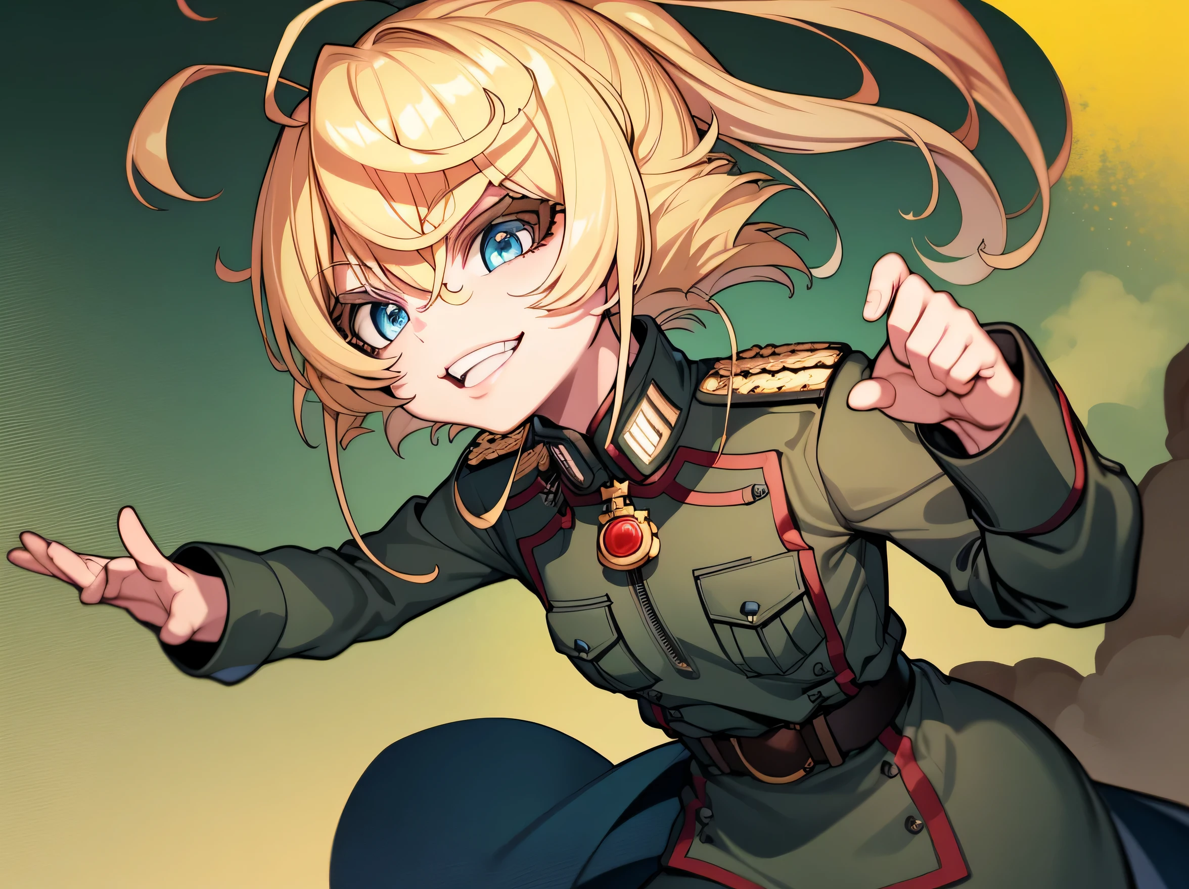A cartoon image of a blonde haired girl with blue eyes (Degurechaff asked, uniforme militar, sonrisa maligna, baja estatura, ojos de asesino)