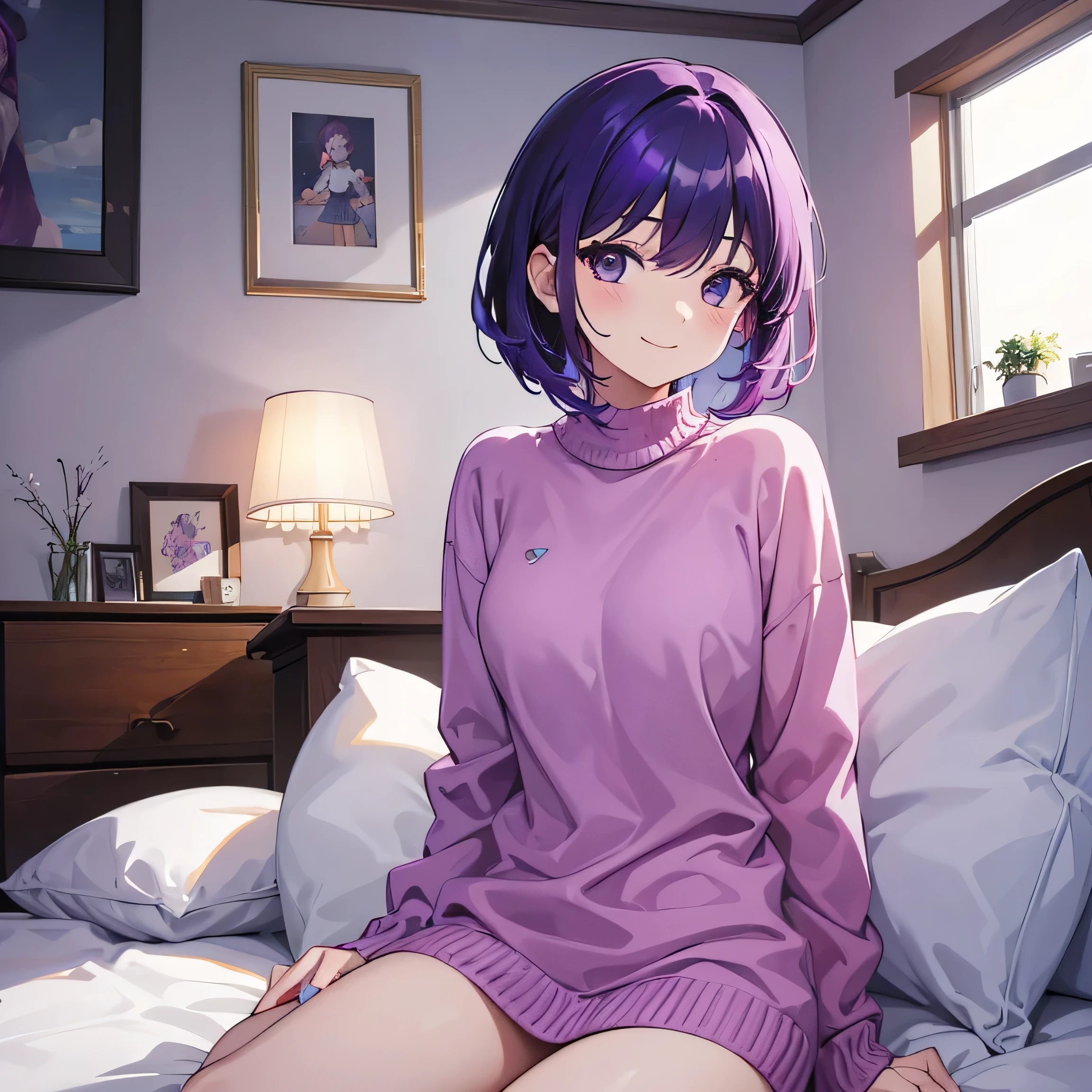 (T Masterpiece,4k wallpaper,Best Quality))、((girl1people))、(solo)、Bright and Brilliant,(Purple Hair)、(Shortcuts:1.3)、smile、Bedroom、sweater、morning