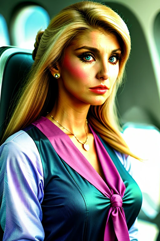 Heather Thomas solo as  as air stewardess, (( flight attendan)), portrait close up 8k 