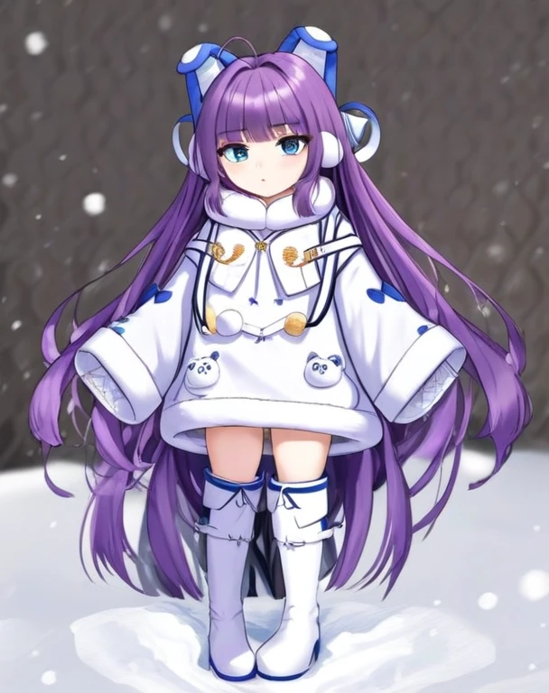 Tashkent,6 years old,Purple Hair,blue eyes,
Brown sweater,White coat,Fur trim,Winter clothes,Thigh-high boots,Sleeves are longer than your fingers,hair ornaments,fake animal ears,
snow,
