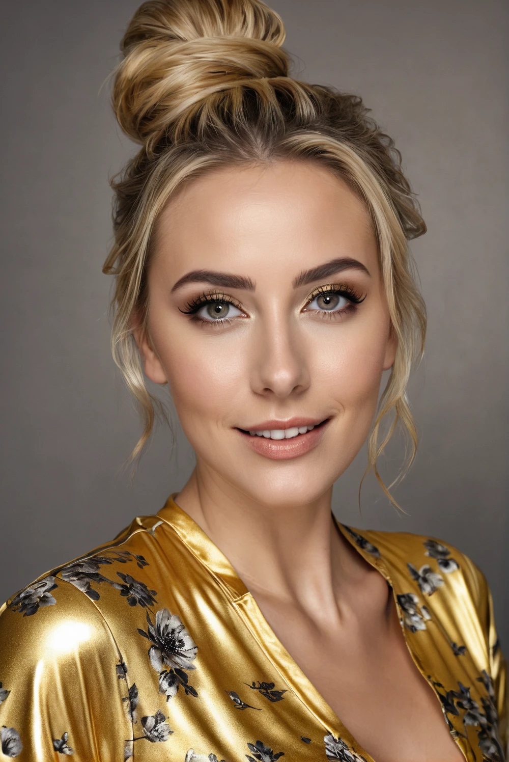 hyperrealistic beautiful 30-year-old women in shiny golden flowered jumpsuit, model shooting mugshot photography, dyed blonde messy bun, dark eye makeup with eyeliner, seductive smile, flashing , 8K, best quality, Meisterwerk, ultra high resolution, (Realismus: 1.4), Originalfoto, (realistische Hautstruktur: 1.3), (Filmkorn: 1.3), (Selfie-Winkel), 1 girl, Beautiful eyes and facial details, Meisterwerk, best quality