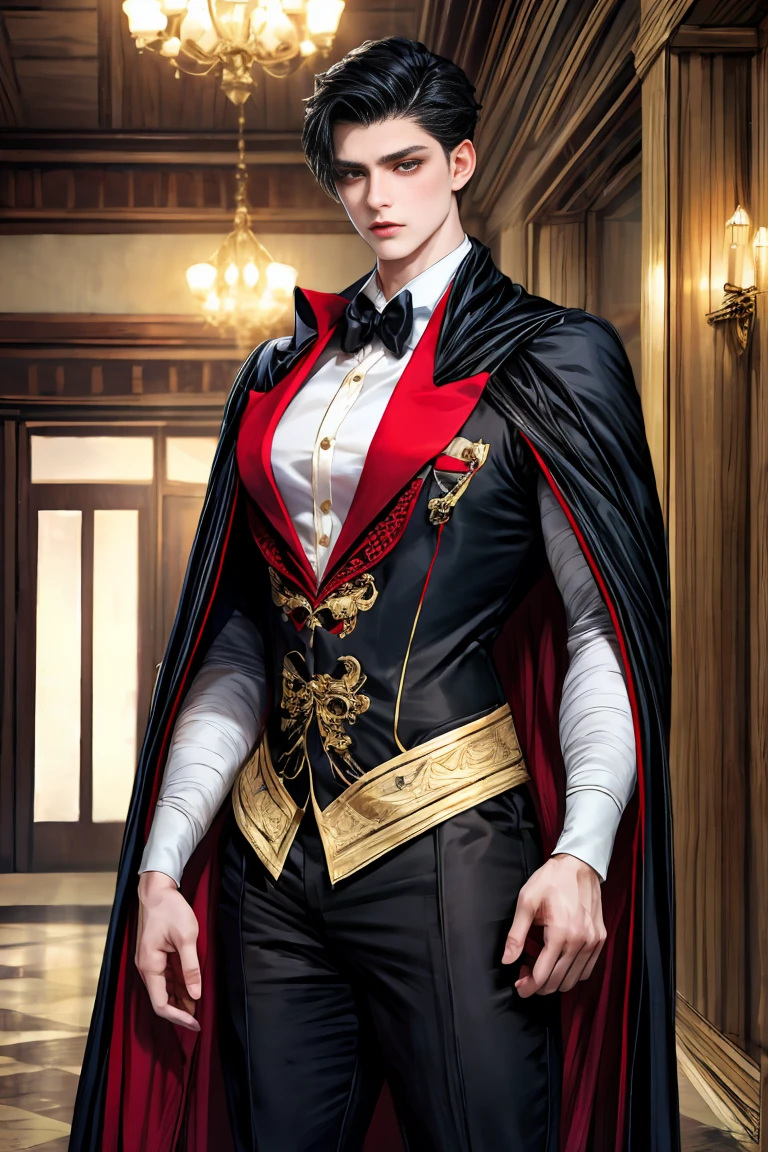 
masterpiece, 最high quality, high quality, 1 boy, alone, Male focus, Watching the audience, whole body, Winning spirit_destiny, Messy black hair, blue adorable big eyes, White, Noble, Noble, Noble的な吸血鬼、An elegant tuxedo,A very large, very tall stand-up collar, a very large, very long, long cape that reaches down to the floor, made of a lot of fabric, red and black., 17 years old,cute beautiful boy,cute cute handsome boy
