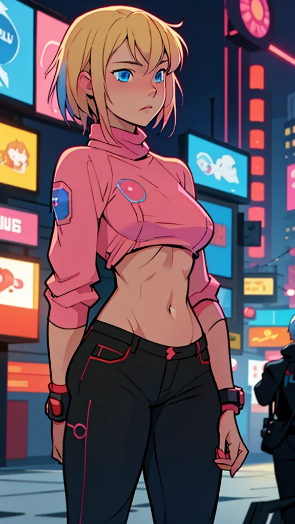 solo, 1girl, (masterpiece), ((16 year old appearance)), Blonde hair, Medium hair, blue eyes, anime girl,  Pink sweater with red octopus emblem, black pants, small breasts, cyberpunk city, nigth,coxas saradas,belas coxas