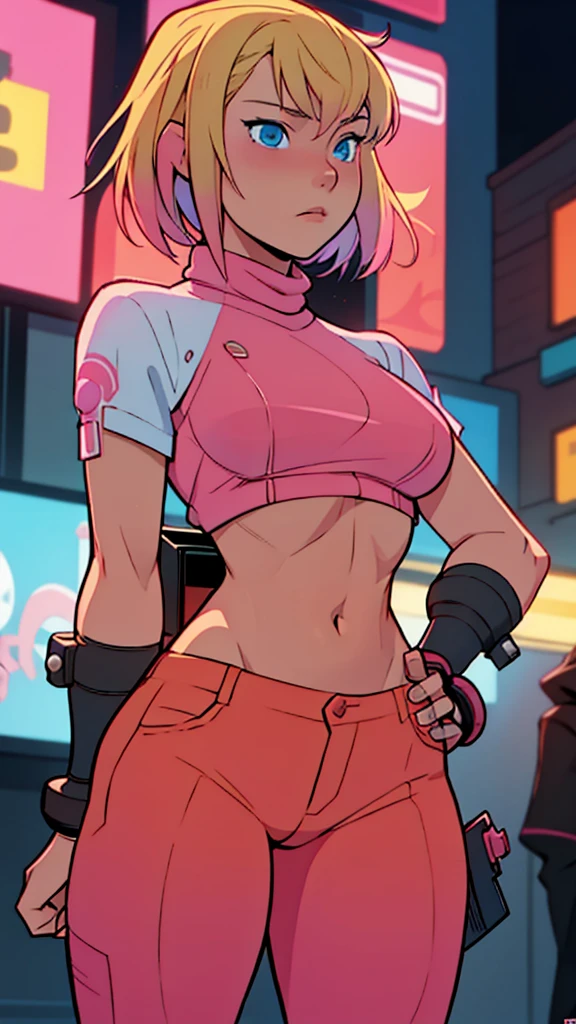 solo, 1girl, (masterpiece), ((16 year old appearance)), Blonde hair, Medium hair, blue eyes, anime girl,  Pink sweater with red octopus emblem, black pants, small breasts, cyberpunk city, nigth,coxas saradas,belas coxas