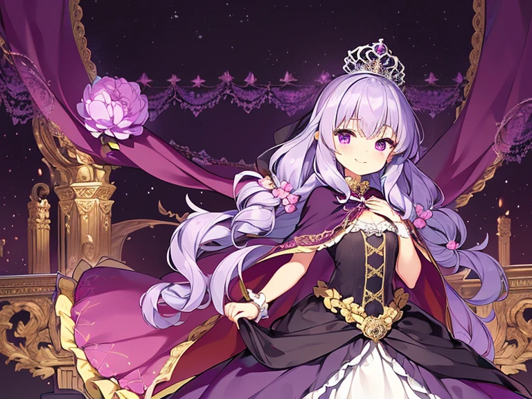 (kawaii),(best quality),(ultra detailed), upper body,(rococo style),(long train dark violet cape:1.15), very long cape,(long train dark violet ball gown with flower decorations), a girl is wearing a cape over her gown, 1 little princess, tiara, smile, small breasts, very long hair