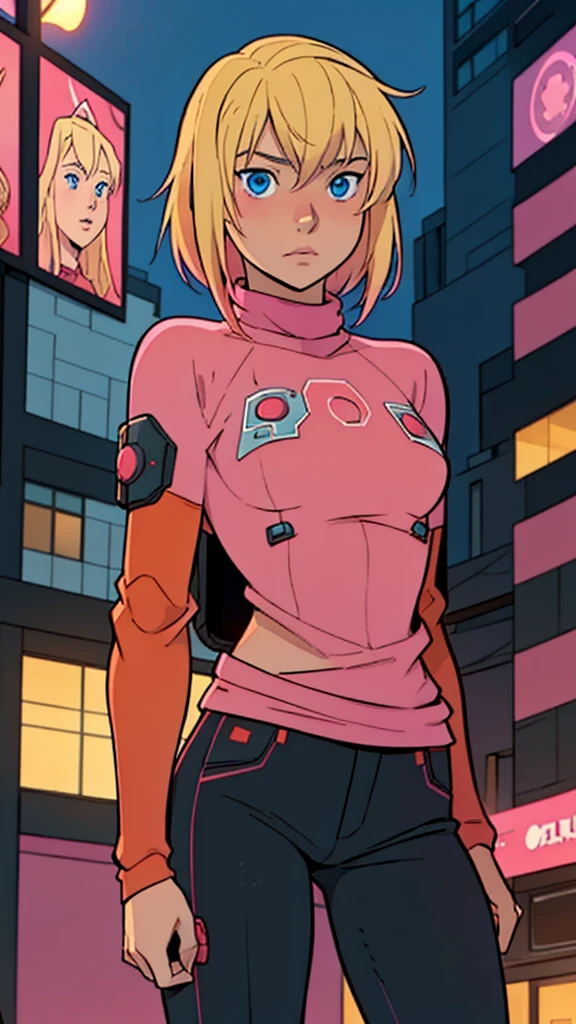 solo, 1girl, (masterpiece), (( appearance)), Blonde hair, Medium hair, blue eyes, anime girl, Pink sweater with red octopus emblem, black pants, small breasts, cyberpunk city, nigth,coxas saradas,belas coxas